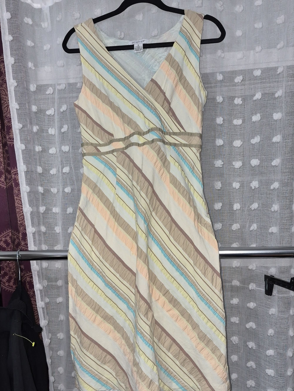 Paraphrase Cream Striped V-Neck Sundress with Pastel Accents